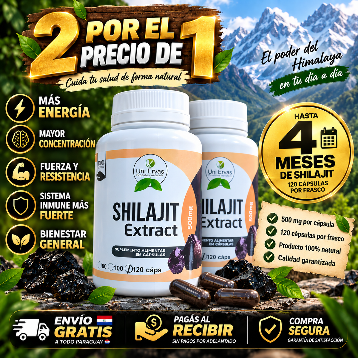 Shilajit Puro 120 Cápsulas – ¡OFERTA 2x1! – Recuperá tu Energía, Vitalidad y Rendimiento